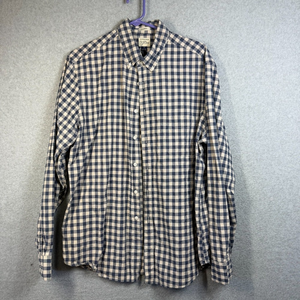 J Crew Classic Shirt Mens L Navy Gingham Check Button Down Cotton
